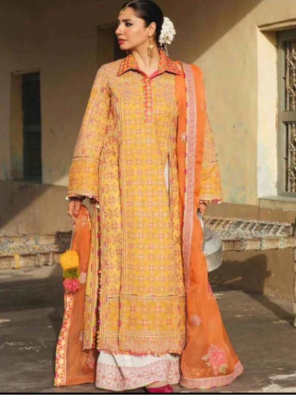 Embroidered Orange-Yellow Long Shirt Dress with Matching Dupatta